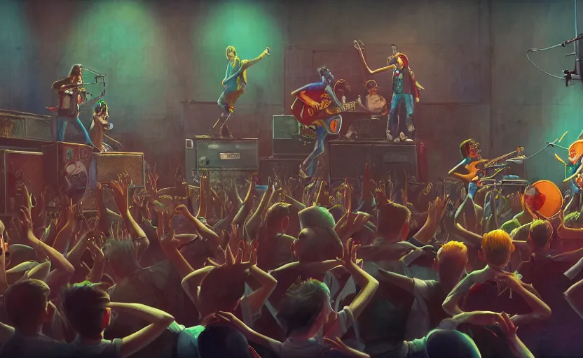 Image similar to 4 punks in school uniform with mohawks stand on stage with guitars and drums and microphones and yell day, foreground fight of ravers and punks, by marc simonetti, tyler edlin, deviantart, ray tracing, octane render, digital art, realistic, high quality, 8 k