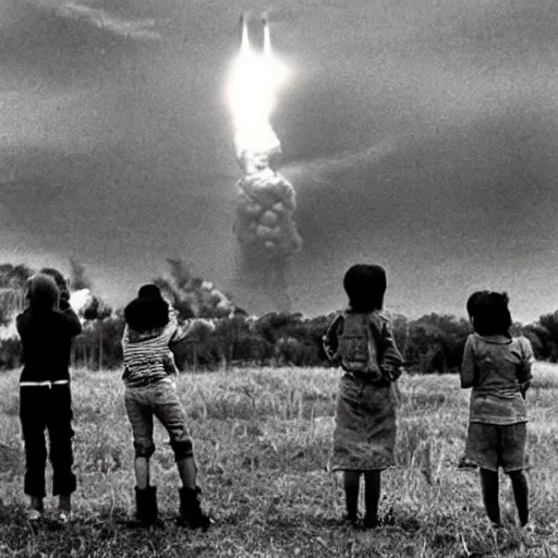 Image similar to group of kids watch as a nuclear bomb goes off in the background, nuclear detonation, burst, blow up, big mushroom cloud, group of kids watching an explosion in the distance