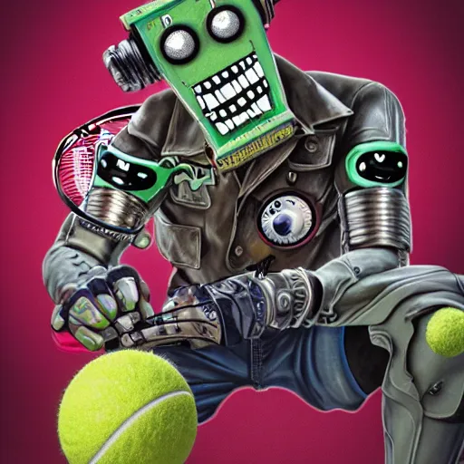 Image similar to a portrait of an anthropomorphic tennis ball monster by sandra chevrier, detailed render, tape deck, boombox, headphones, epic composition, cybernetics, 4 k realistic, cryengine, realistic shaded lighting, sharp focus, masterpiece, by matteo scalera, gary montalbano, peter elson in the style of the tokyo ghost comic