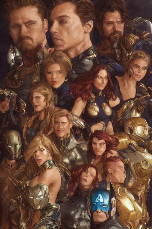 Prompt: group portrait of the avengers, fantasy, highly intricate, elegant, realistic faces, highly detailed, digital painting, artstation, concept art, smooth, sharp focus, group photo, illustration, art by artgerm and greg rutkowski and alphonse mucha