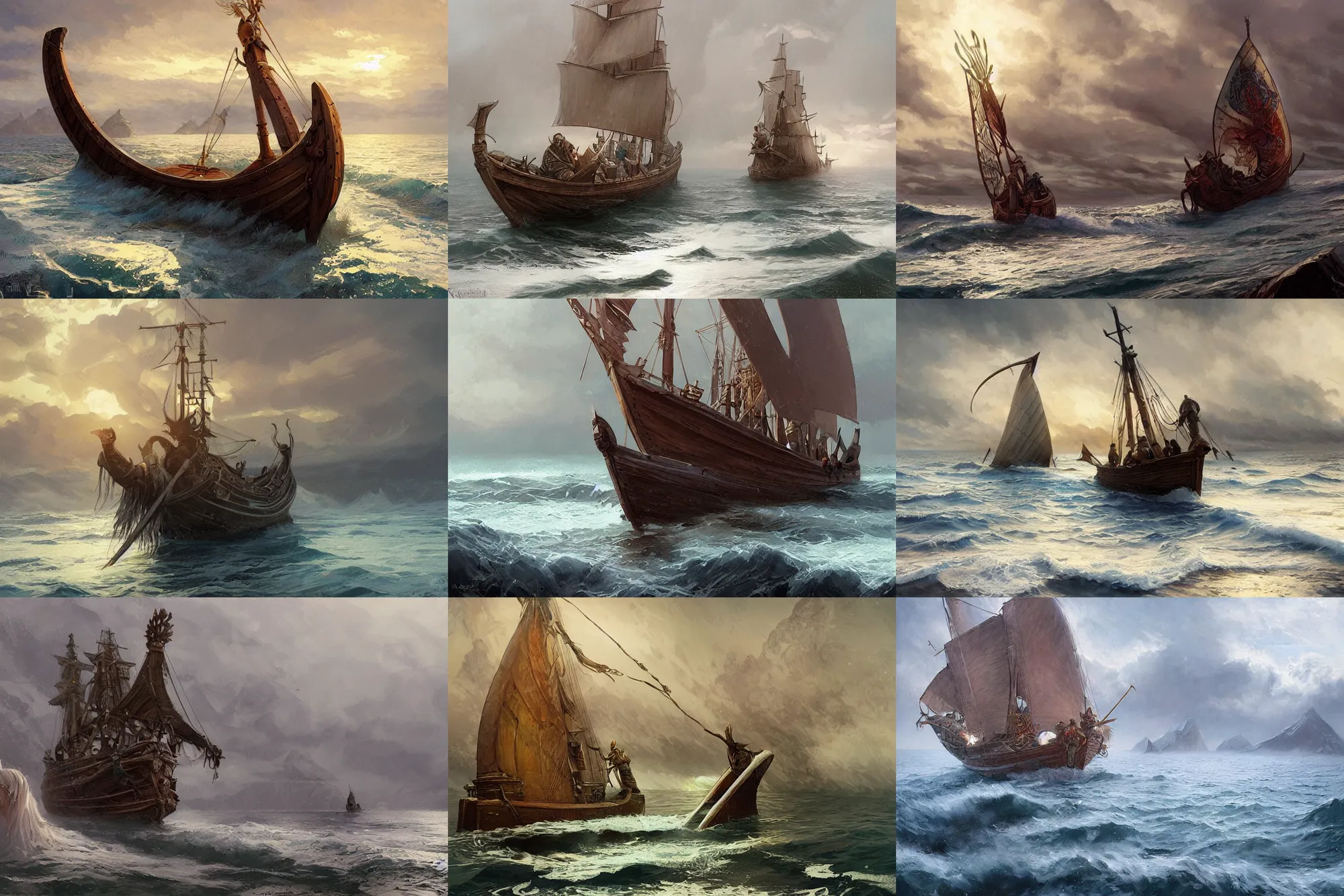 Prompt: viking longship, sea, ocean, cold, winter, highly detailed, digital painting, artstation, concept art, sharp focus, illustration, art by artgerm and greg rutkowski and alphonse mucha