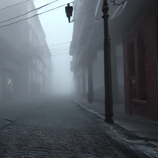 Image similar to silent hill one foggy streets, realistic, 4 k