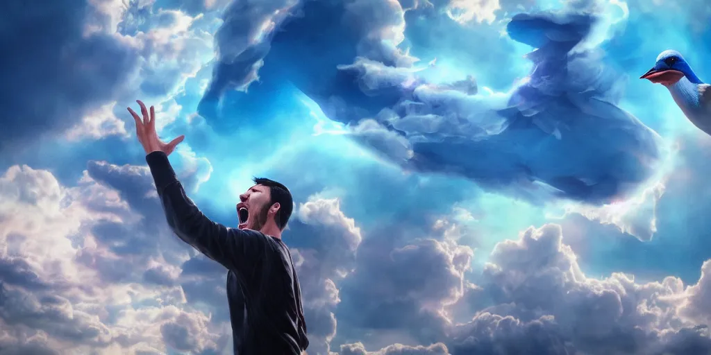 Prompt: a man yelling at a giant blue bird, award winning composition, vibrant neon nebulous clouds, symmetrical details, hyper realistic illustration, bright radiant light rays, photorealistic illustration, intricate and fine details, volumetric lighting, artstation