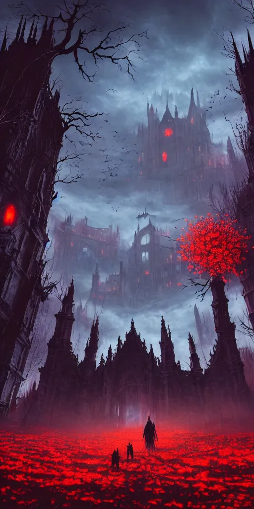 Prompt: abandoned bloodborne old valley with a obscure person at the centre and a ruined gothic city in the background, trees and stars in the background, falling red petals, epic red - orange moonlight, perfect lightning, wallpaper illustration by niko delort and kentaro miura, 1 6 k, ultra realistic