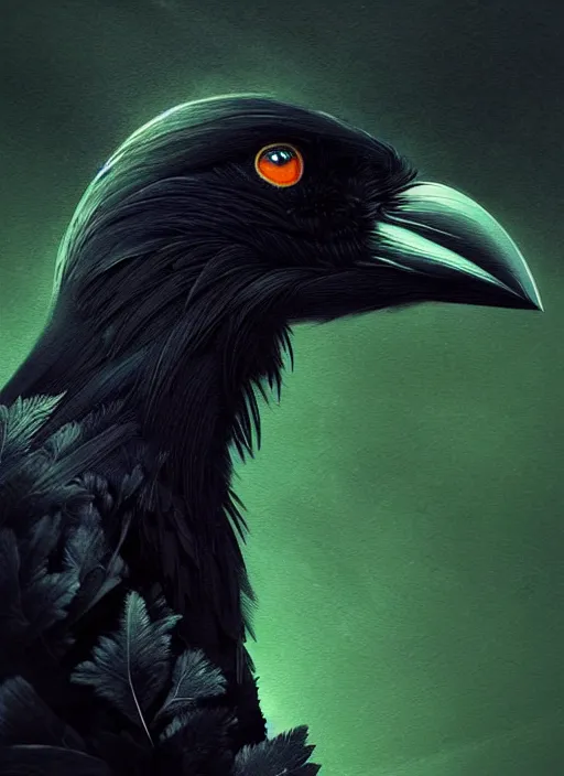 Image similar to side portrait dark crow (animal), close-up, fantasy forest landscape, moonshine, fantasy magic, nice black feather, proud, green dark light night, intricate, elegant, sharp focus, illustration, highly detailed, digital painting, concept art, matte, art by WLOP and Artgerm and Greg Rutkowski and Eddie Mendoza, masterpiece