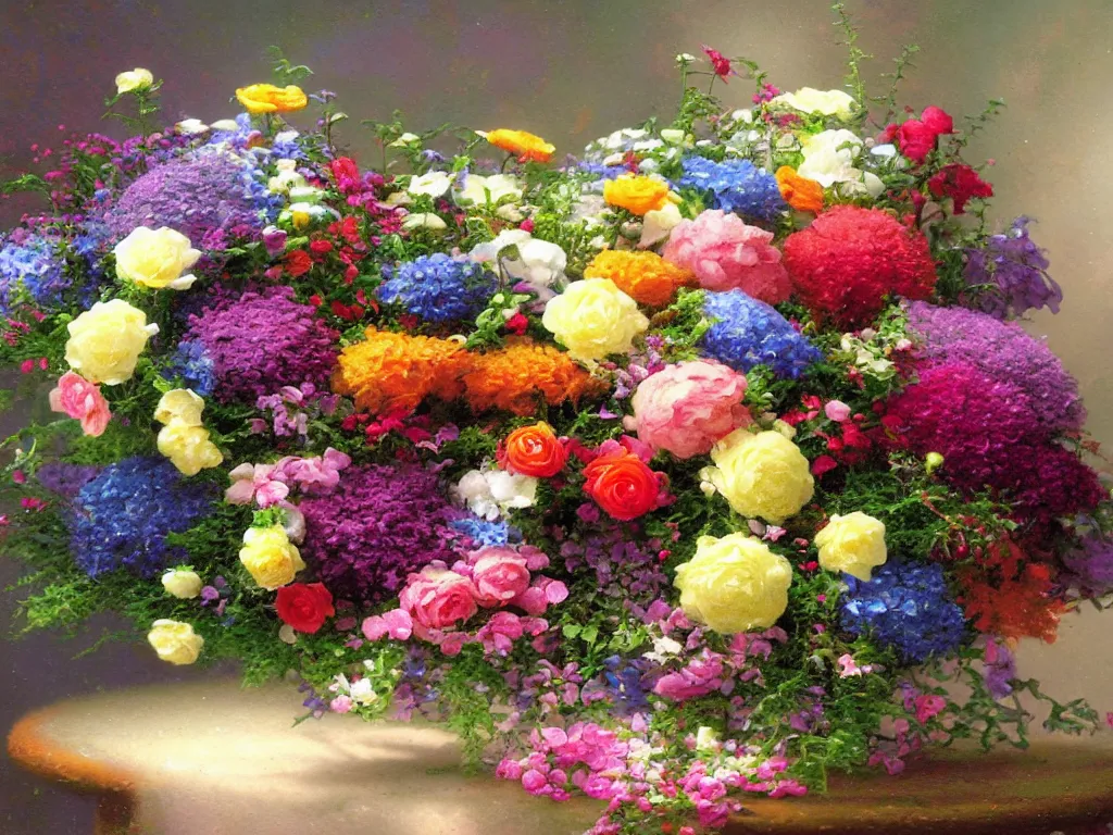 Prompt: modern flower arrangement, style thomas kinkade