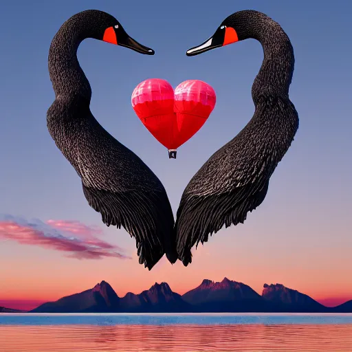 Image similar to photo of two black swans swimming in a beautiful reflective mountain lake, touching heads, forming a heart with their necks, a colorful hot air balloon is flying above the swans, hot air balloon, intricate, 8k highly professionally detailed, HDR, CGsociety