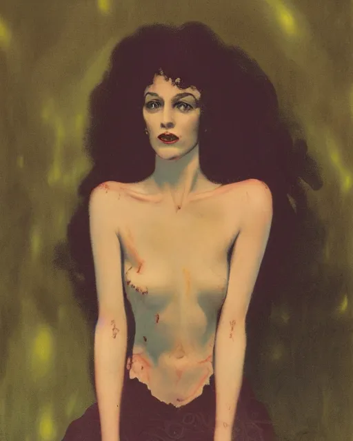 Prompt: a handsome but creepy, sinister, smiling young woman, with haunted eyes and curly hair, 1 9 7 0 s, seventies, wallpaper, a little blood, moonlight showing injuries, delicate embellishments, painterly, offset printing technique, by brom, robert henri, walter popp