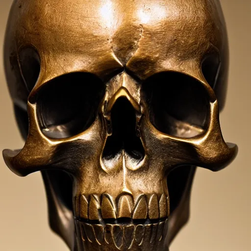 Prompt: detailed photo of an old bronze statue of a skull with a samurai costume, intricate detail, museum lighting