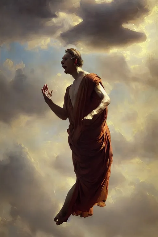 Image similar to beautiful oil painting portrait of ancient roman god emperor steve buscemi floating in the air wearing the civic crown levitating and ascending in a religious pose, ascension, art by anders zorn, wonderful masterpiece by greg rutkowski, expressive brush strokes, beautiful cinematic light, american romanticism by greg manchess, jessica rossier