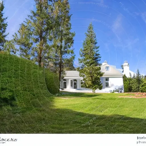 Image similar to A small white house with the long gravel driveway and lush green lawn with pine trees the backyard has lots of trees very artistic painting