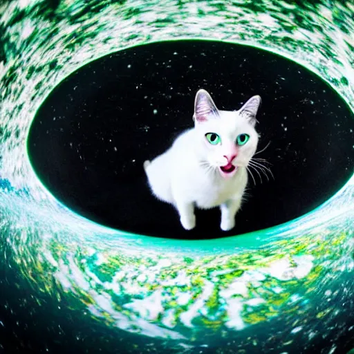 Image similar to white and black cat with green eyes setting planet earth on fire, fisheye lens, paws on top of planet