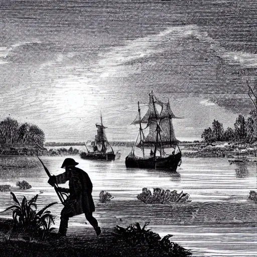 Prompt: colonial soldier crossing river boat landscape waves winter moonlight line art