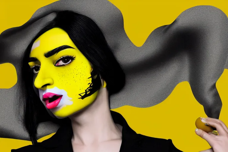 Image similar to portrait of a woman with a yellow face and black hair, a pop art painting by hedi xandt, trending on cgsociety, pop surrealism, photoillustration, daz 3 d, pop art