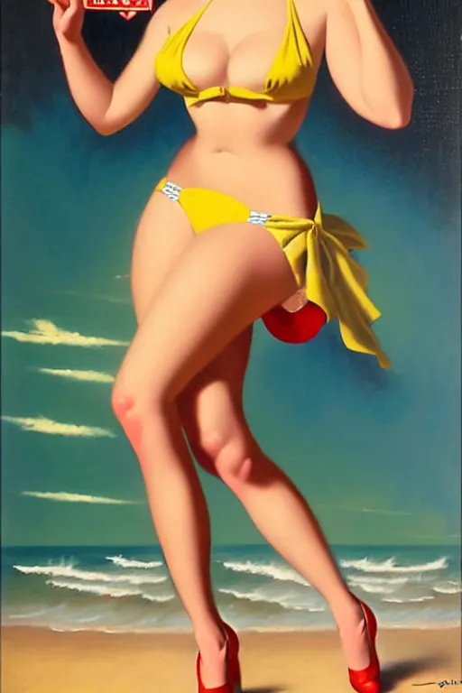 Prompt: 1940s pinup bikini girl, oil painting, by Gil Elvgren