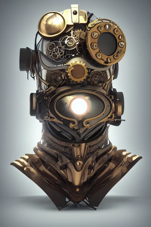 Image similar to steampunk mask minimalist fantasy art robot ninja helmet, global illumination ray tracing hdr fanart arstation by sung choi and eric pfeiffer and gabriel garza and casper konefal radiating a glowing aura