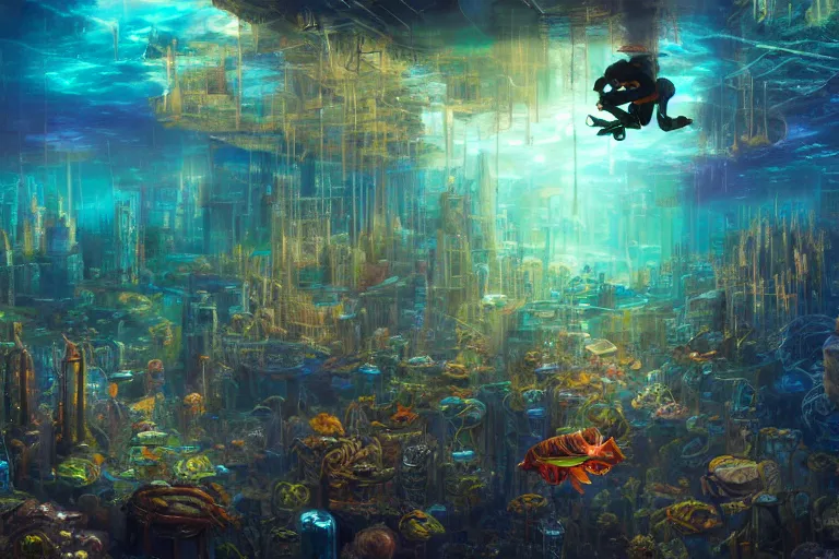Prompt: an epic landscape view of an underwater metropolis with glowing windows, with a tiny scuba diver with shining headlamp exploring, glass, seaweed, colorful fish, painted by tyler edlin, close - up, low angle, wide angle, atmospheric, volumetric lighting, cinematic, very realistic, highly detailed digital art