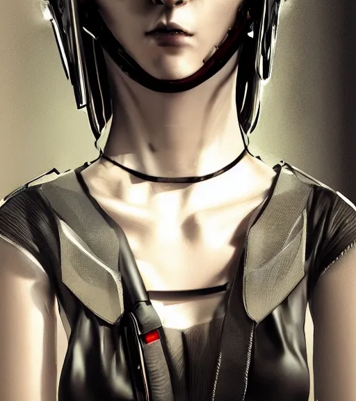 Image similar to detailed realistic female character cyberpunk wearing thick technological collar around neck, realistic, art, beautiful, 4K, collar, choker, collar around neck, punk, artstation, detailed, female, woman, choker, cyberpunk, neon, punk, collar, choker, collar around neck, thick collar, tight around neck, punk,