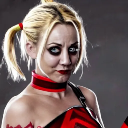 Image similar to A still of Kaley Cuoco as Harley Quinn, full-figure