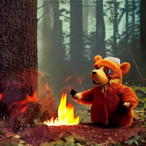 Prompt: candid photo of Teddy Ruxpin in the woods, playing with fire as Smokey The Bear burns one by Annie Leibowitz, photorealisitc, extremely detailed