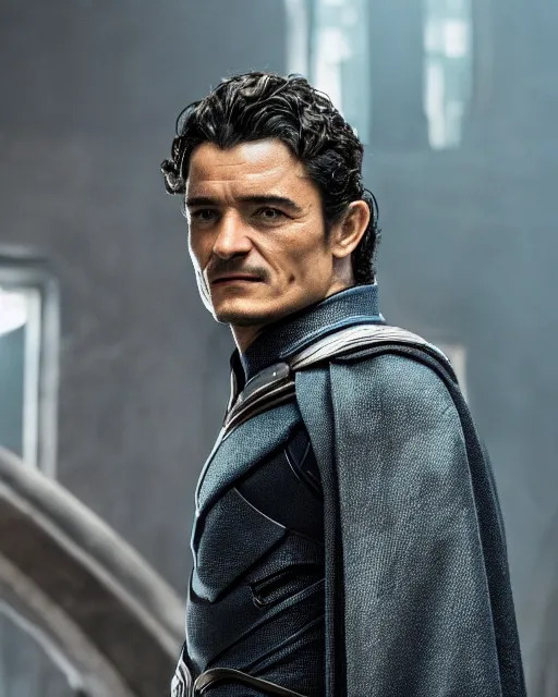 Image similar to A movie still of Orlando Bloom as Magneto in X-Men movie, dynamic lighting, villain pose, 8k, 2022 picture of the year