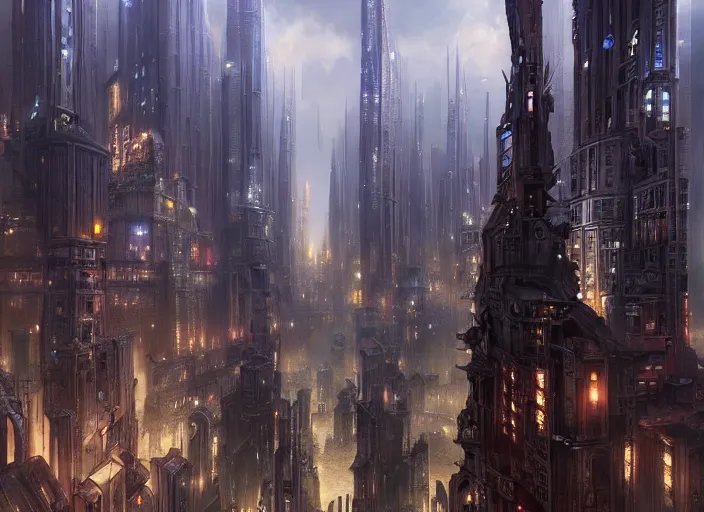 Image similar to a painting of a city with a lot of tall buildings, a detailed matte painting by stephan martiniere, cgsociety, fantasy art, steampunk, matte painting, matte drawing