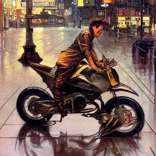 Image similar to futuristic drz 4 0 0 s time machine at night in the rain driving on the a city street by greg rutowski, by stanley artgerm, by alphonse mucha