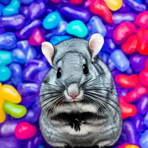 Image similar to chinchilla with mean look in space with galaxy in background pooping rainbox jellybeans, rainbow jellybeans under chinchilla's tail