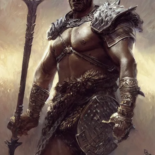 Image similar to a fierce and muscular male warrior in full armor, handsome, fantasy character portrait by greg rutkowski, gaston bussiere, craig mullins, simon bisley