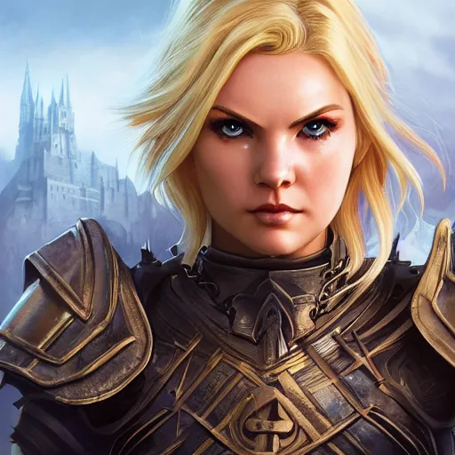 Prompt: head-on centered symmetrical RPG avatar portrait, Elisha Cuthbert as a unholy paladin, blonde hair, ornate steel armour, dramatic lighting, establishing shot, book cover, high detail, cinematic lighting, 8k, concept art, artstation, matte painting, in the style of eddie mendoza, raphael lacoste, alex ross
