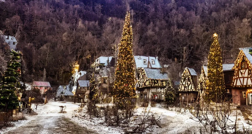 Prompt: an eerie abandoned village in the black forest decorated with christmas lights