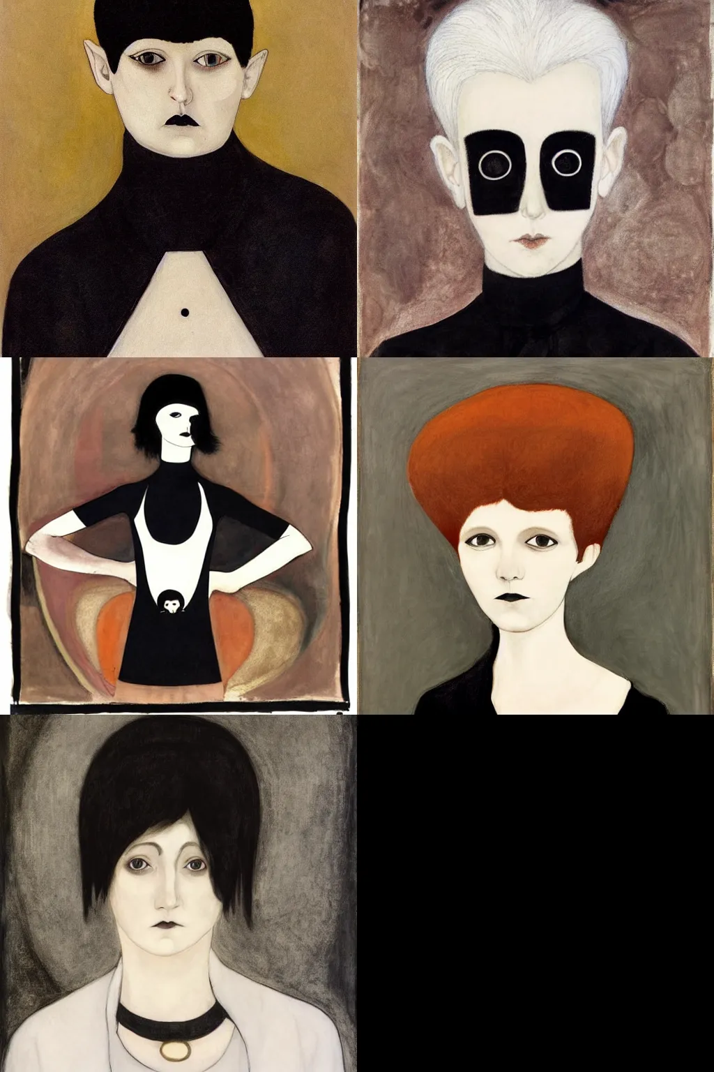 Prompt: goth by hilma af klint. high - quality character portrait. short dark brown messy pixie haircut, large black eyes, slightly rounded face, pointed chin, small nose, black tank top, black leather jacket, black knee - length skirt, black choker.