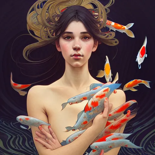 Image similar to Portrait of a girl surrounded by Koi fish, face, fantasy, intricate, elegant, highly detailed, digital painting, artstation, concept art, smooth, sharp focus, illustration, art by Loish and greg rutkowski and alphonse mucha