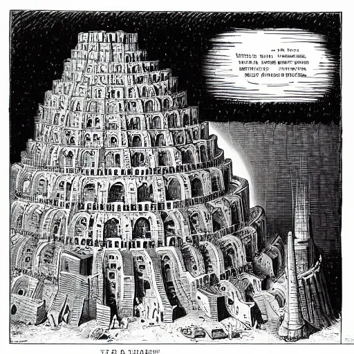 Image similar to the tower of babel, cartoon scene, by sergio aragones