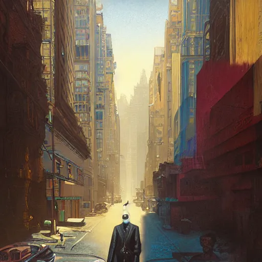 Prompt: portrait of masked diesel punk on the art deco streets of the big city, artstation, award - winning realistic sci - fi concept art by beksinski, 8 k, sci - fi, pastel colors, picasso masterpiece, complimentary colors, james gilleard, bruegel, greg rutkowski, alphonse mucha, and yoshitaka amano