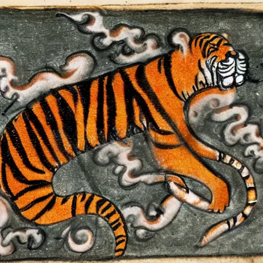 Image similar to bad drawn tiger made of smoke, lava and fire flying in the sky with many legs in a medieval manuscript, medieval manuscript, golden miniatures