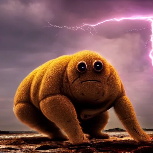 Image similar to tardigrade attacking new york, dramatic lightning, golden hour, cinematic