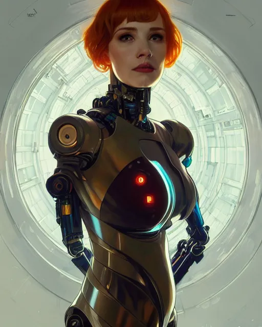 Image similar to portrait of christina hendricks as a robot in ex machina, cyberpunk machine, machine face, robed, upper half portrait, decorated, intricate intense elegant highly detailed digital painting artstation concept art smooth sharp focus illustration, art by artgerm and greg rutkowski alphonse mucha 8 k