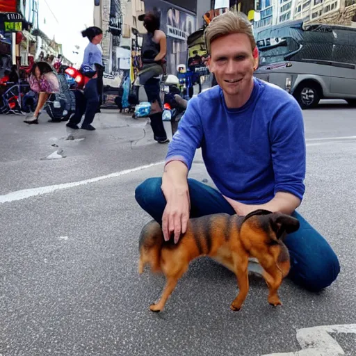 Image similar to Jerma985 eating a small dog in the middle of the street, 4k, high definition