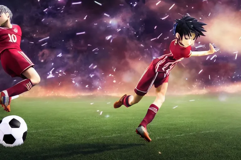 Image similar to anime soccer player scores goal with high kick, hyper realism, octane render