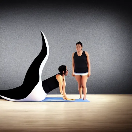 Image similar to orca whale practicing yoga with a black haired young woman, yoga retreat background, soft lighting, digital art