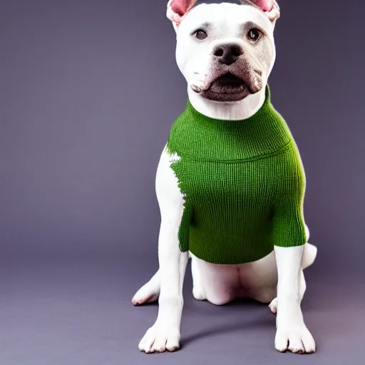 Image similar to American Staffordshire terrier wearing a green sweater, 8k