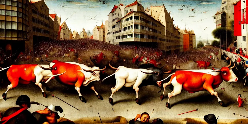 Image similar to the running of the bulls in pamplona, hundreds of people are fleeing from rampaging bulls in the city streets, art by hieronymus bosch, intricate, elegant, highly detailed, smooth, sharp focus, artstation