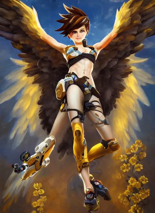 Image similar to full body oil painting of tracer overwatch in the style of sophie anderson, angel wings, angelic golden armor, dramatic painting, symmetrical composition, ornate, high detail, gold detailed collar, blooming, lights, flowers, detailed face,
