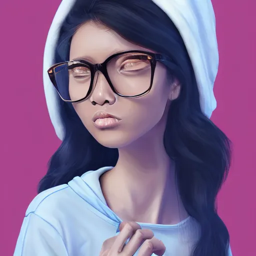 Prompt: A beautiful Woman with #E0A37A Skin color, South East Asian with long, Puffy, Afro hair, Small Square Glasses, light grey hoodie opened, white T-Shirt, White gloves, Denim Jeans, Birkenstock sandals, Character art, Calarts, button eyes highly detailed, digital painting, artstation, concept art, sharp focus, unreal engine 5, art by alex ross and greg rutkowski and alphonse mucha