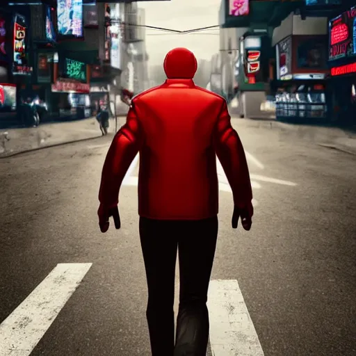 Image similar to isometric!!! view of a man with a red jacket from his behind. walking towards a red futuristic motorbike on a wide road. pencil drawing, photo realistic, hyper realistic, dramatic lighting, cyberpunk, ultra detailed, sharp focus, wide angle, digital illustration, trending on artstation