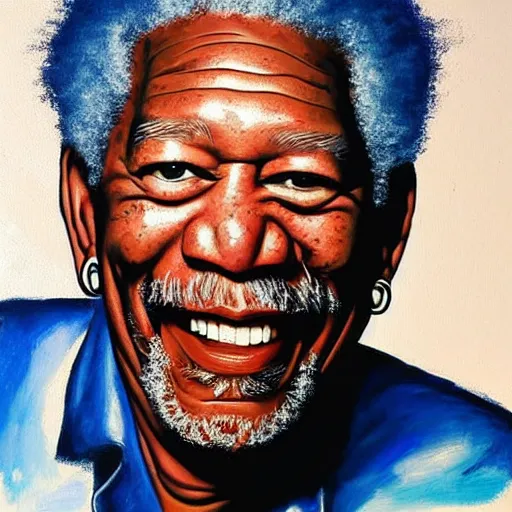 Prompt: portrait of laughing Morgan Freeman . Morgan's shoulders are in the frame. Morgan looks sternly straight into the camera and wears designer sun glasses. painting in the style of Andy Warhol