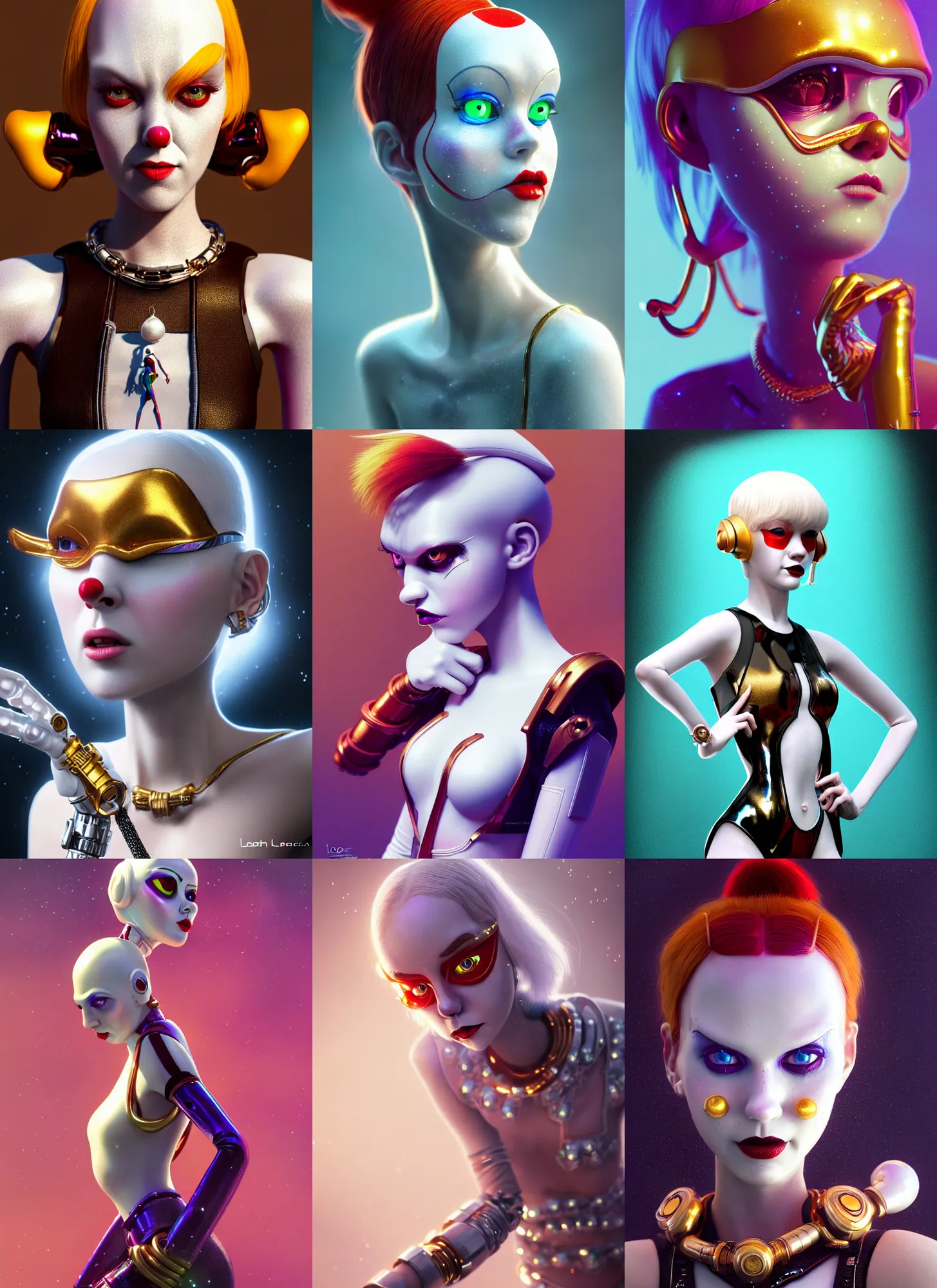 Prompt: pixar 8 k photo, beautiful shiny white porcelain rich grand pearlescent leeloo edc star wars dark clowncore cyborg college girl, rapper jewelry, golden ratio, sci fi, fantasy, cyberpunk, intricate, decadent, highly detailed, digital painting, octane render, artstation, concept art, smooth, sharp focus, illustration, art by loish, wlop