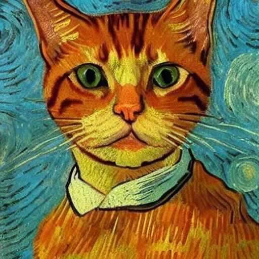 Prompt: Van Gogh portrait of a ginger tabby cat wearing a beautiful outfit