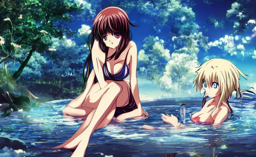 Image similar to an anime girl bathing in the bond, anime scenery
